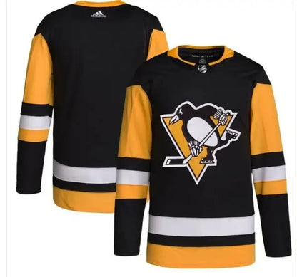 Black and gold Pittsburgh Penguins adidas Home Primegreen Authentic Hockey Jersey with white stripe