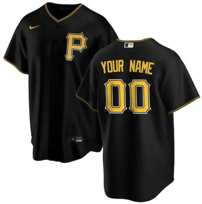 Black Pittsburgh Pirates Nike Alternate Replica Custom Baseball Jersey on display