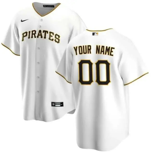 White Pittsburgh Pirates Nike Home Replica Custom Baseball Jersey displayed on product page