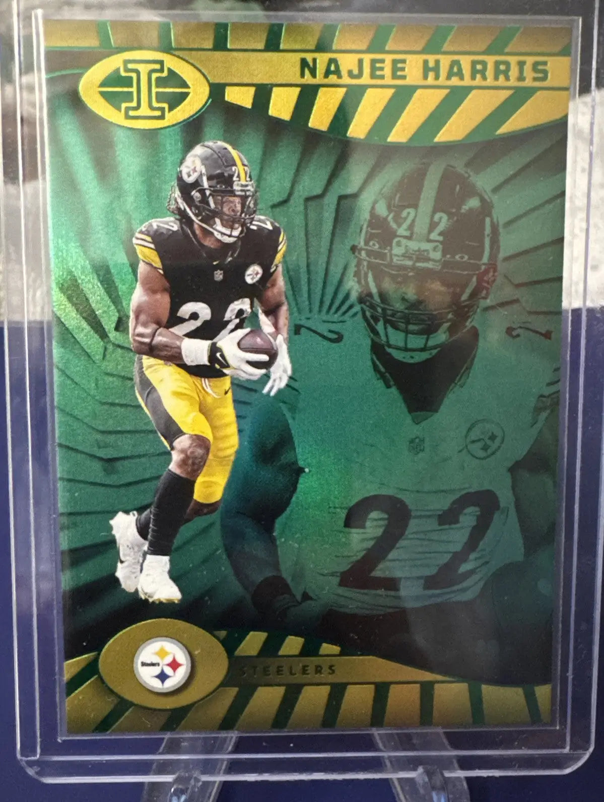 Collectible Najee Harris football trading card from Pittsburgh Steelers lot featuring green and gold design