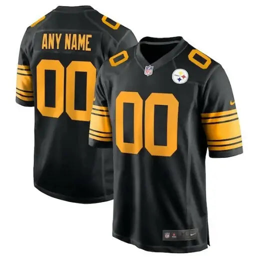 Black and gold Pittsburgh Steelers Nike Alternate Custom Game Jersey with any name and 00 on back