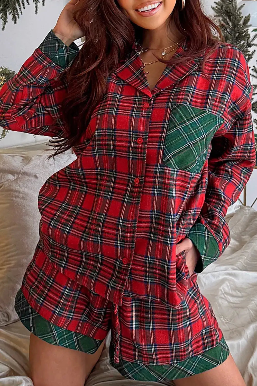 Plaid Contrast Patched Christmas Holiday Long Sleeve Shirt and Short 2pcs Pajama Set - Deep Red / S