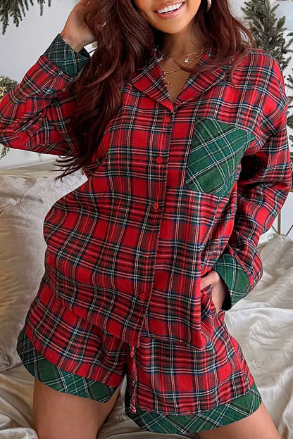 Plaid Contrast Patched Christmas Holiday Long Sleeve Shirt and Short 2pcs Pajama Set - Deep Red / S