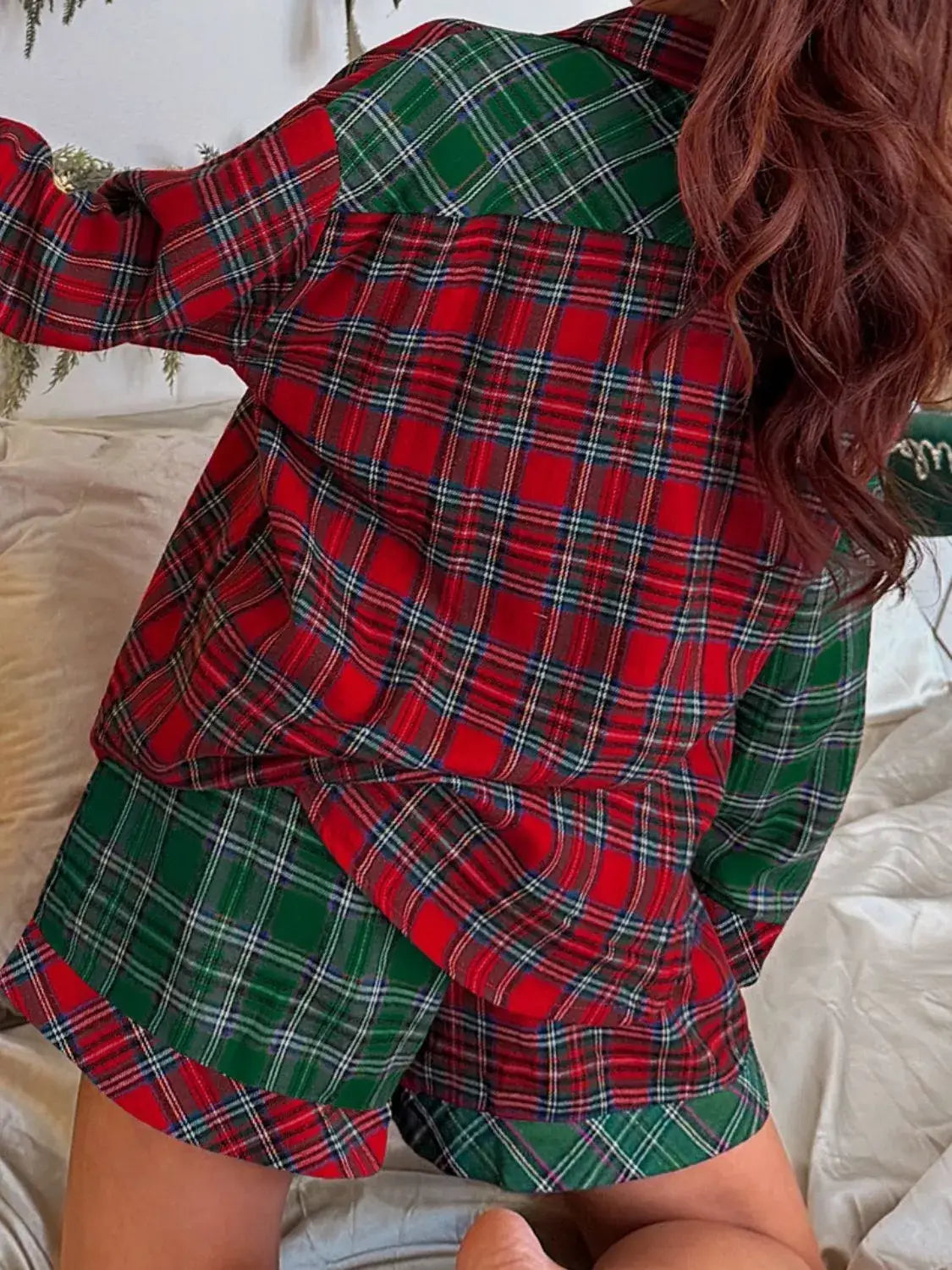 Plaid Contrast Patched Christmas Holiday Long Sleeve Shirt and Short 2pcs Pajama Set