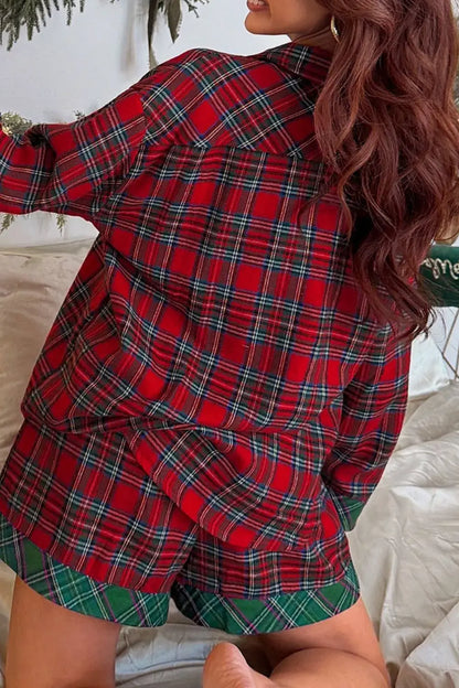 Plaid Contrast Patched Christmas Holiday Long Sleeve Shirt and Short 2pcs Pajama Set