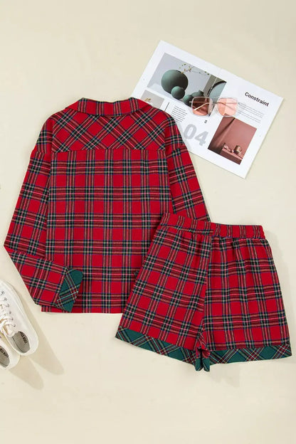 Plaid Contrast Patched Christmas Holiday Long Sleeve Shirt and Short 2pcs Pajama Set