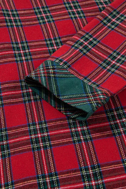 Plaid Contrast Patched Christmas Holiday Long Sleeve Shirt and Short 2pcs Pajama Set