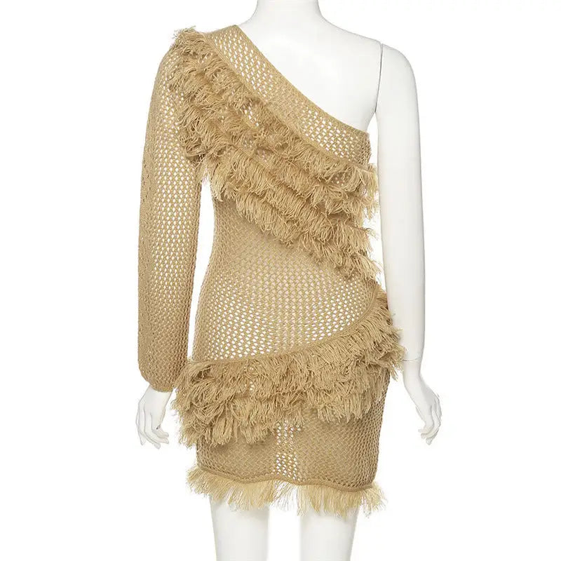 Beige one-shoulder knit mini-dress with fringe details, inclined shoulder style