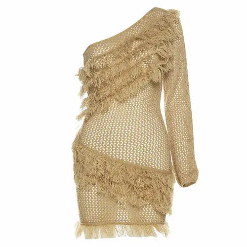 Beige knit mini dress with fringe and inclined shoulder style from Plaid Tassel Skirt collection