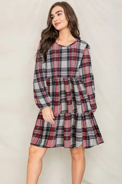 Plaid Tiered Mini Day Dress USA ?? XL/2XL/3XL - HEATHER RED / 1X - Day Dress
