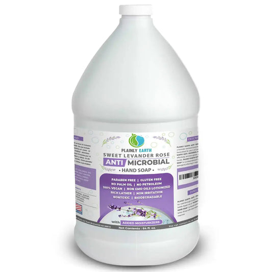 Gallon jug of Plainly Earth antimicrobial hand soap refill with sweet lavender rose scent