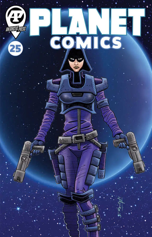 Comic book cover of Planet Comics #25 featuring Shaman Kane by David Broughton in purple armor