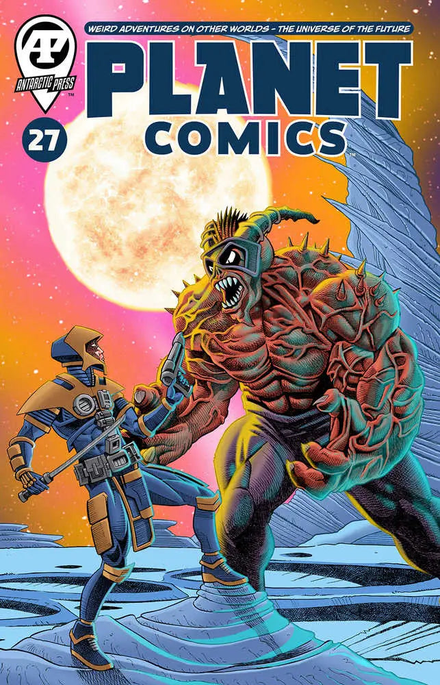 Planet Comics #27 cover shows a monstrous creature battling a robot on an alien landscape