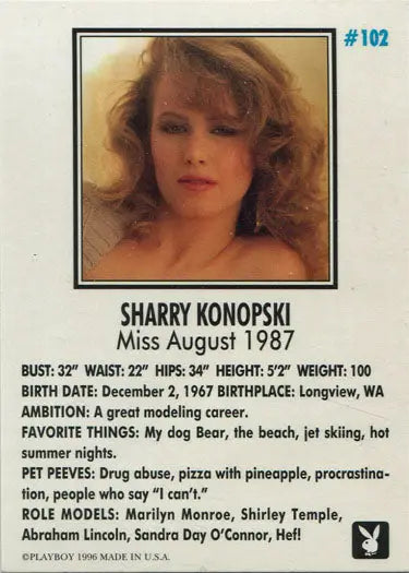 Playboy 1996 Autograph Card featuring Sharry Konopski’s profile and biographical details