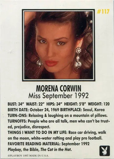 Headshot of Morena Corwin with styled hair and earrings on Playboy autograph card