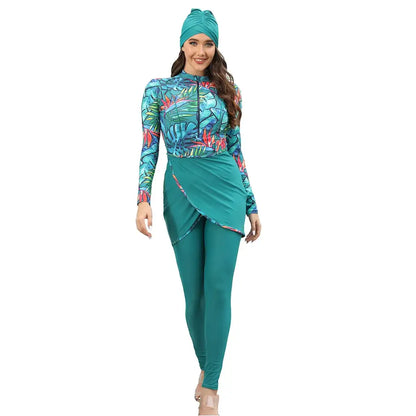 Mint green plus size long sleeve burkini for Muslim swimwear with head covering