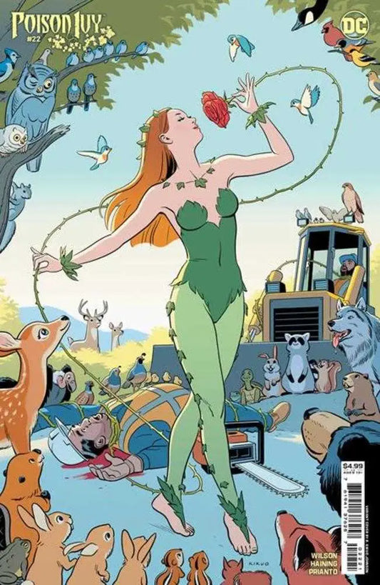 Woman in green leotard floats with woodland creatures on Poison Ivy trading card
