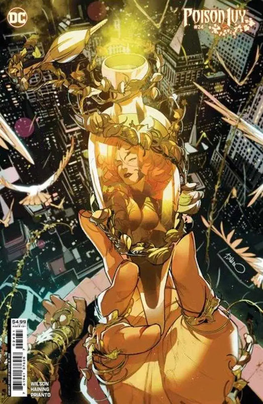 Glowing golden hourglass shattering in Poison Ivy #24 trading card variant by Simone Di Meo