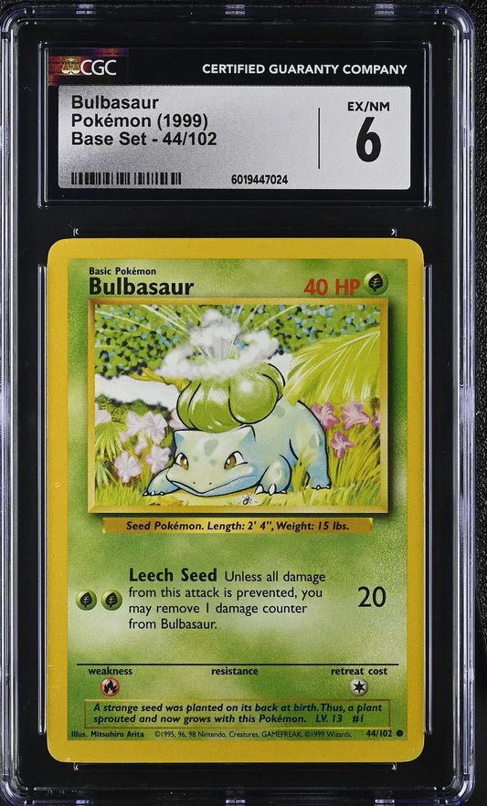 Graded English CGC Pokémon Bulbasaur Base Set card from 1999 in excellent condition