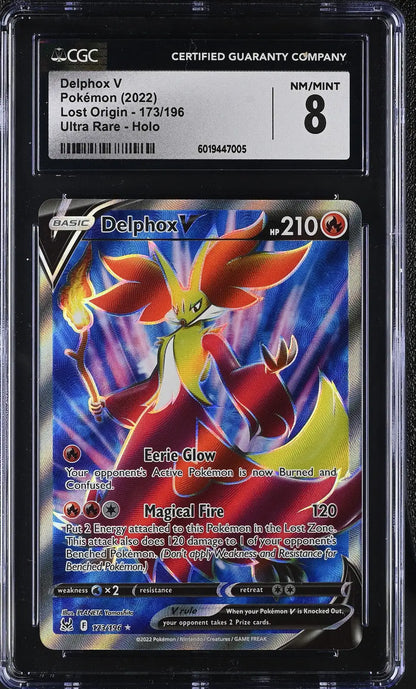 English CGC graded Pokémon Delphox V trading card from Lost Origin set with holographic Ultra Rare design