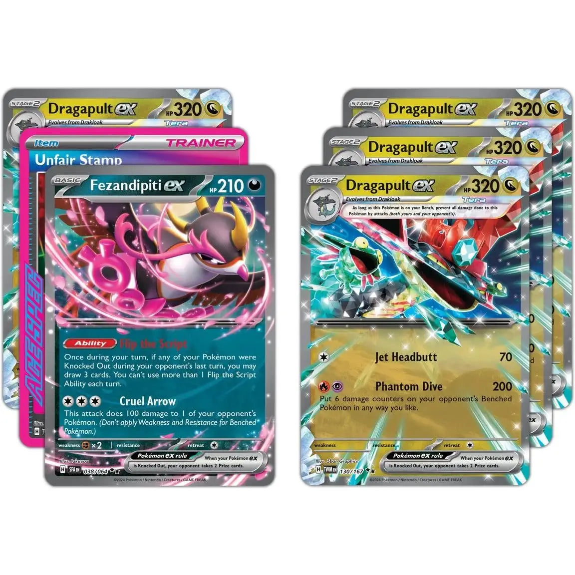 Pokemon Dragapult EX League Battle Deck Box with stack of Pokémon trading cards featuring Dragapult and Fezandipiti