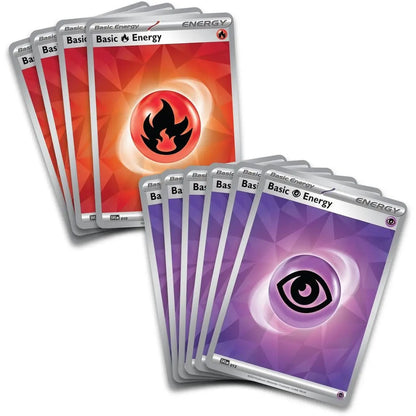 Two fanned stacks of Pokémon Basic Energy cards in a Pokemon Dragapult EX league battle deck box