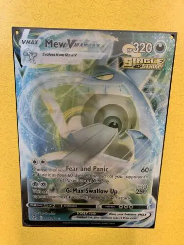 Mew VMAX card from Pokémon Fusion Strike featured in 3D lenticular poster display