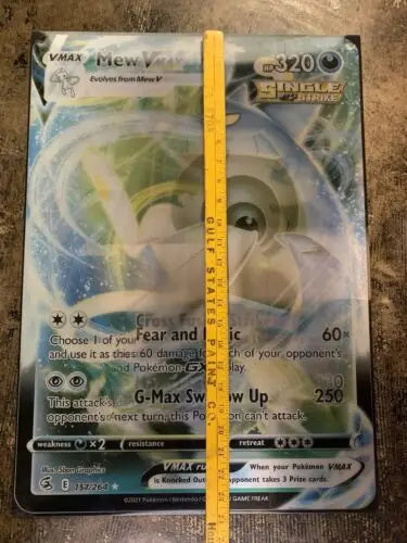 Oversized Mew VMAX Pokémon card from Fusion Strike 3D Lenticular Poster promotional item