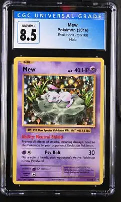 Graded Pokémon Mew card with English CGC 8.5 NM/Mint+ rating from Pokémon Evolutions