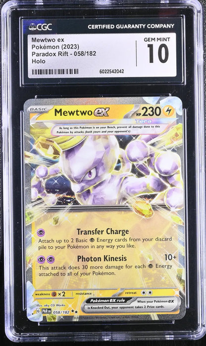 English CGC graded Gem Mint 10 Pokémon Mewtwo ex trading card from Paradox Rift 2023