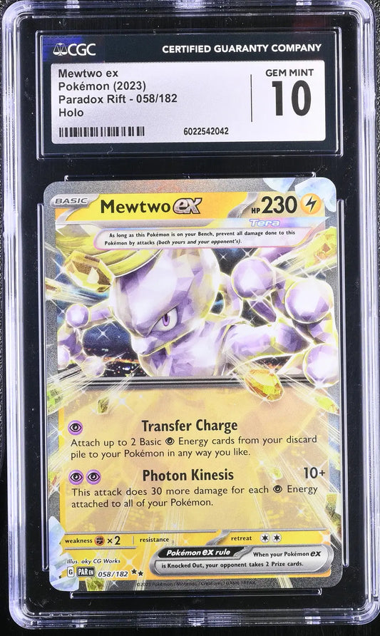 English CGC graded Gem Mint 10 Pokémon Mewtwo ex trading card from Paradox Rift 2023