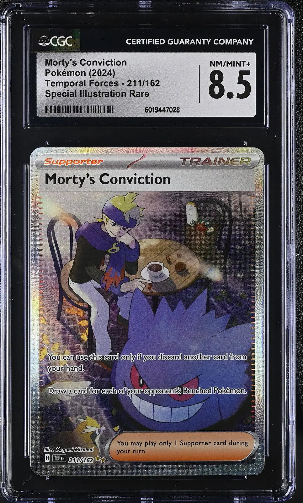 Pokémon Mortys Conviction card with CGC 8.5 NM/MINT+ rating from Temporal Forces 2024