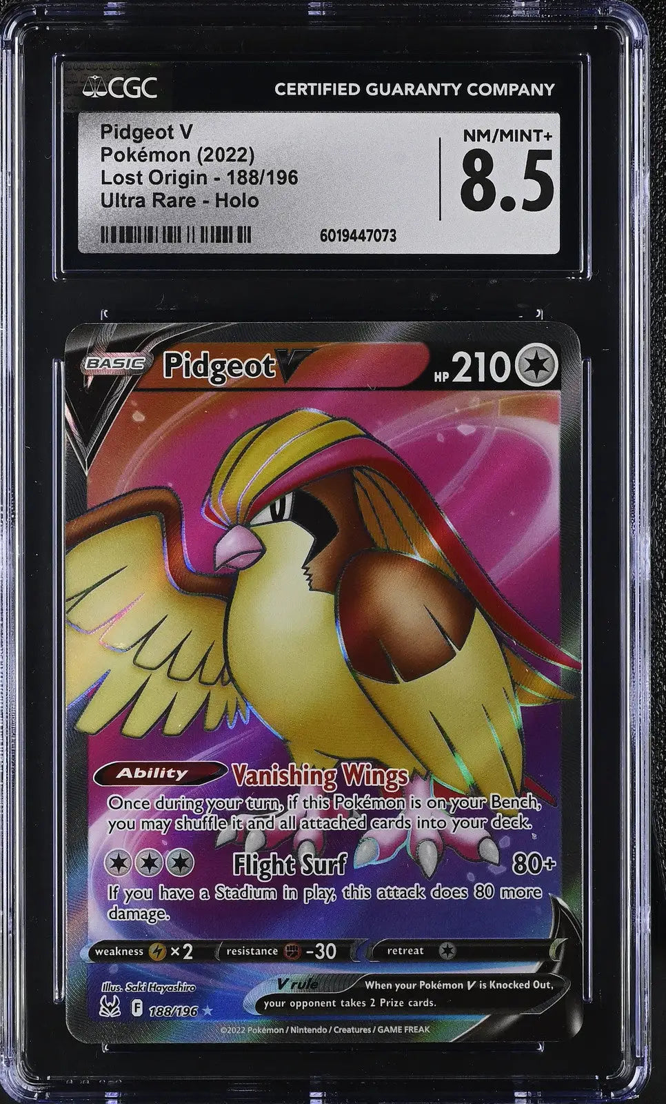 English CGC graded Pokémon Pidgeot V Lost Origin card with holo finish and NM/MINT+ 8.5 score