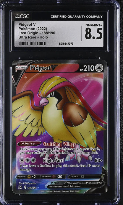 English CGC graded Pokémon Pidgeot V Lost Origin card with holo finish and NM/MINT+ 8.5 score
