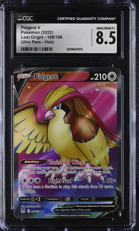 English CGC graded Pokémon Pidgeot V Lost Origin card with holo finish and NM/MINT+ 8.5 score