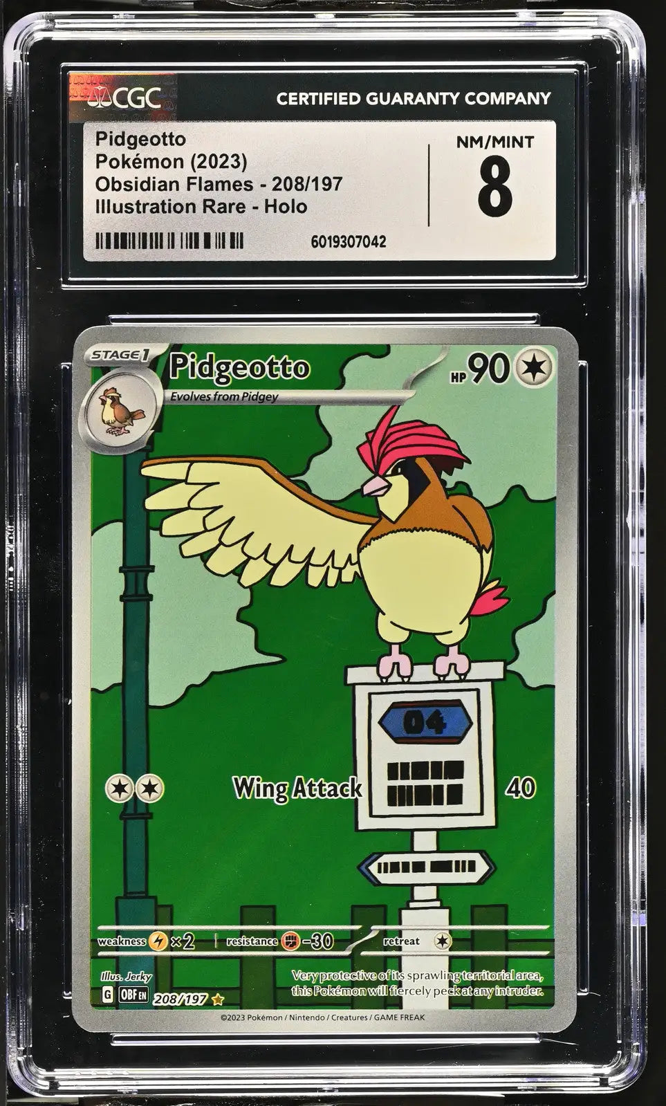 English CGC graded Pokémon Pidgeotto card from Obsidian Flames 2023 set with Near Mint/Mint 8 rating