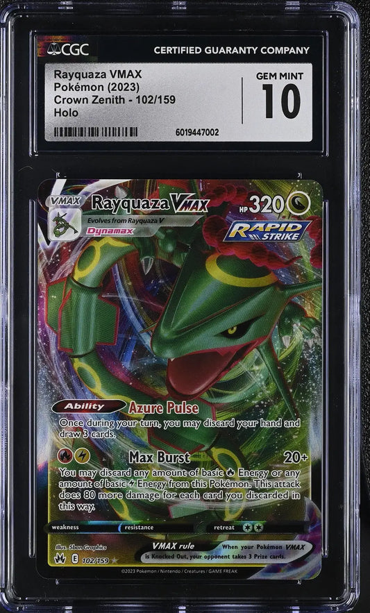 Graded Rayquaza VMAX Pokémon card English CGC 10 from Crown Zenith trading cards