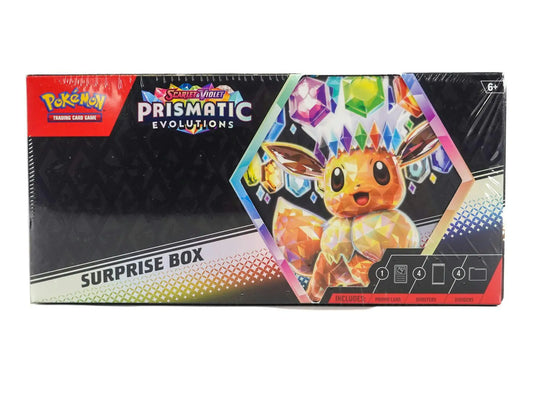 Pokemon Scarlet & Violet Prismatic Evolutions Surprise Box with randomly selected promo cards and booster packs