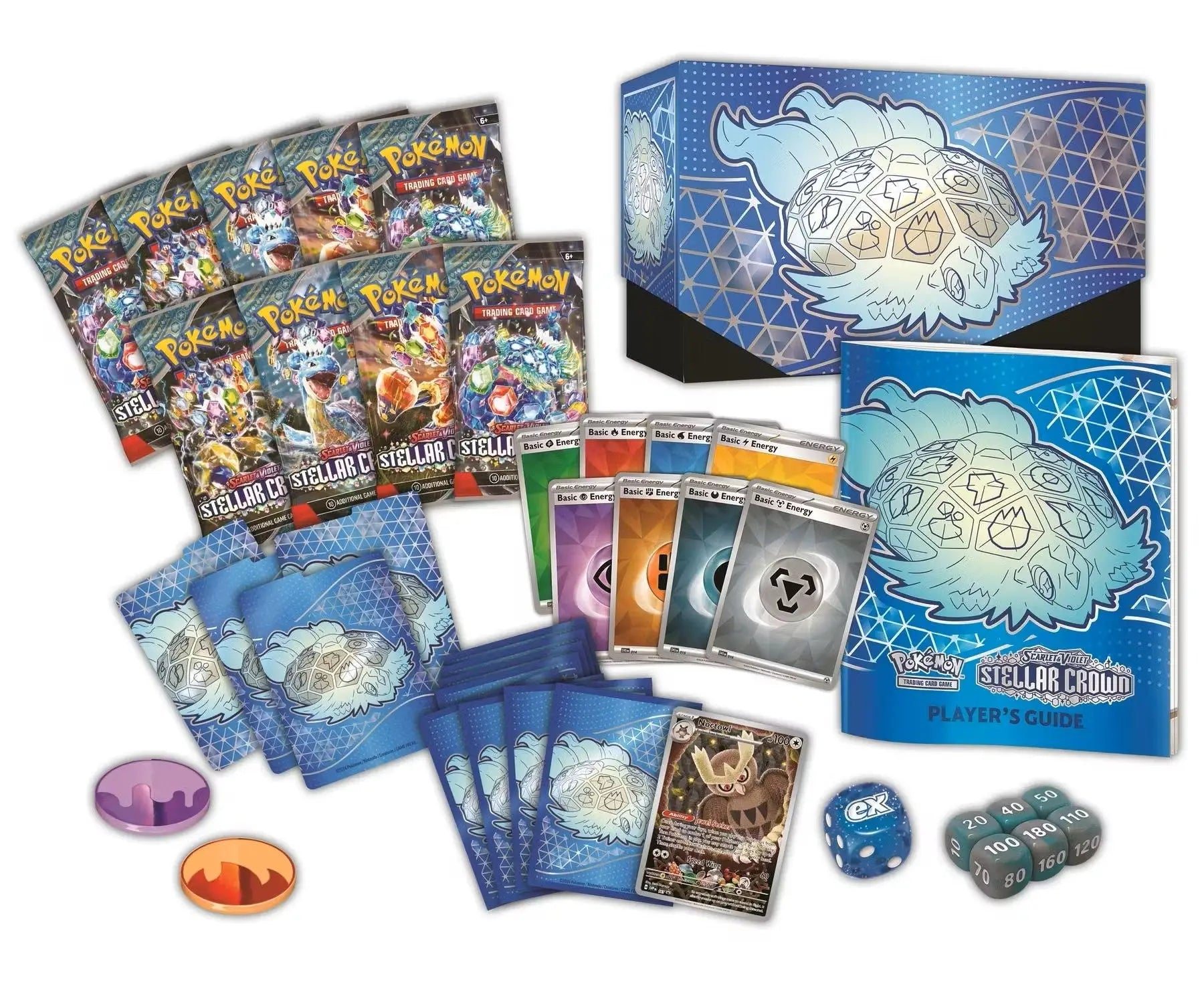 Collection of Pokémon trading cards, sleeves, and energy tokens from Stellar Crown set