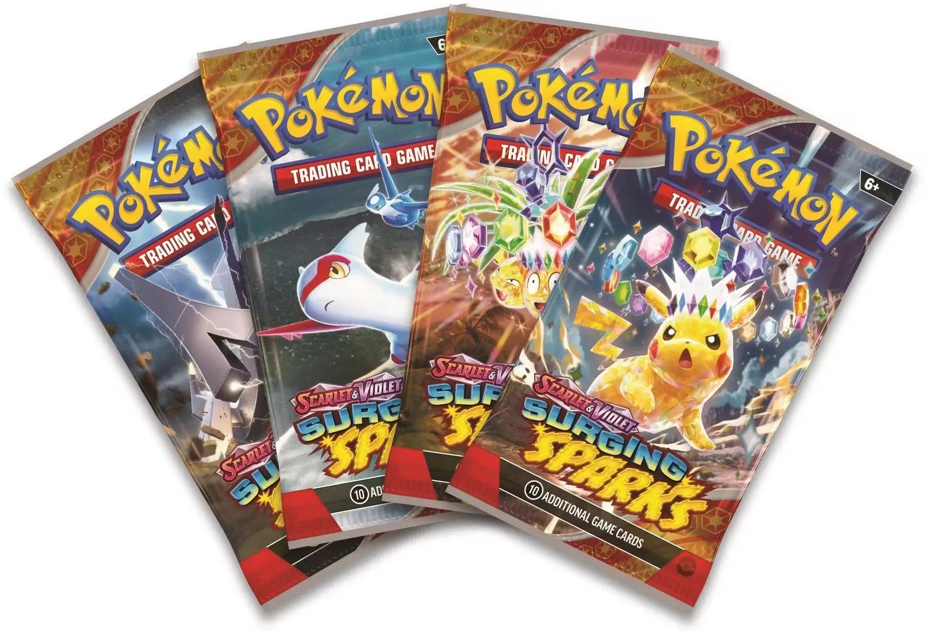 Four Pokémon Trading Card Game booster packs from Pokemon Scarlet & Violet Surging Sparks box featuring trainer cards and ace spec cards