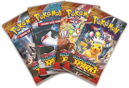 Four Pokémon Trading Card Game booster packs from Pokemon Scarlet & Violet Surging Sparks box featuring trainer cards and ace spec cards