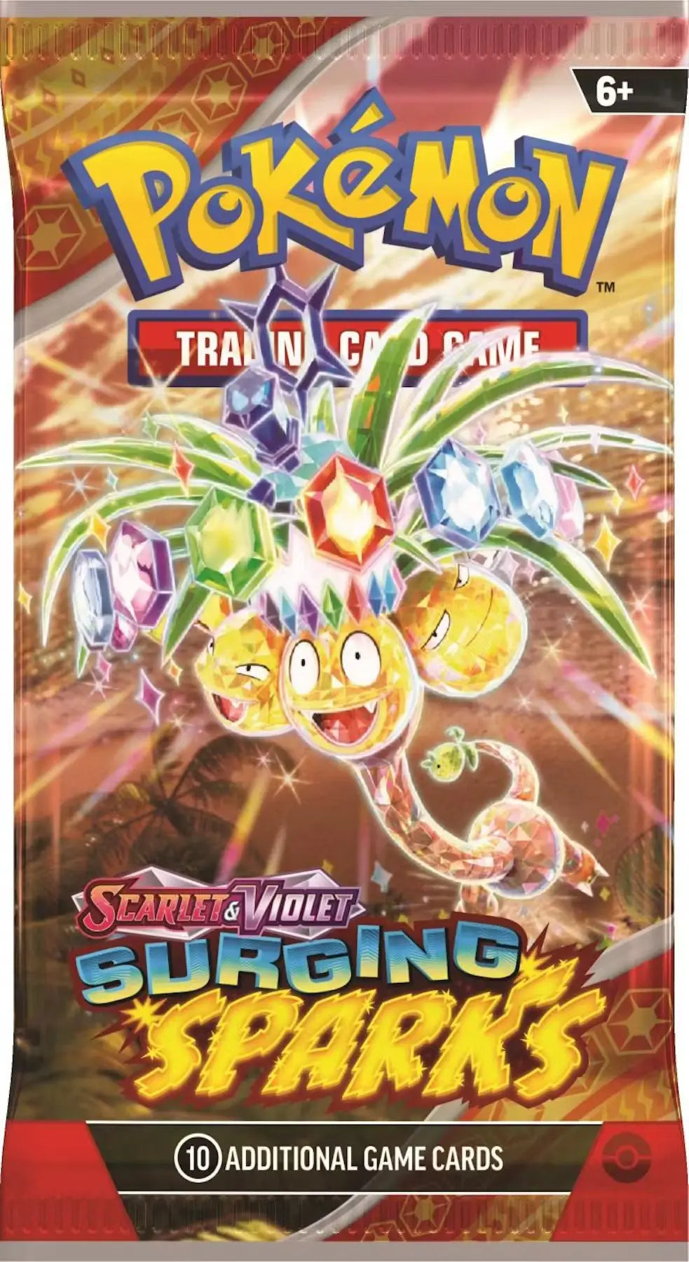 Pokémon Surging Sparks booster pack with trainer cards and ace spec cards for Scarlet & Violet