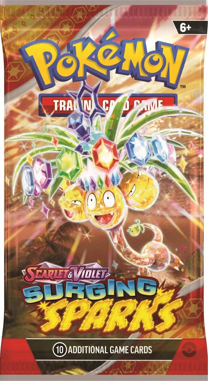 Pokémon Surging Sparks booster pack with trainer cards and ace spec cards for Scarlet & Violet
