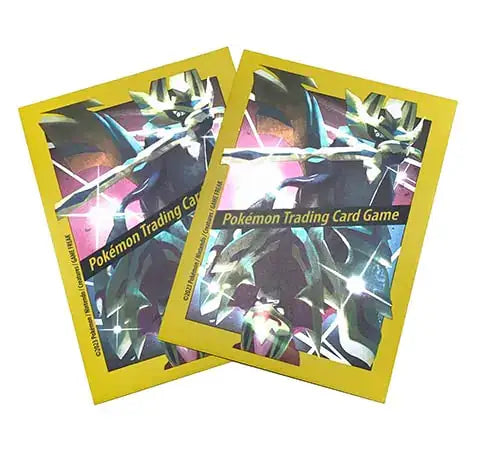 Two Pokémon trading card game sleeves featuring Shiny Zacian and Zamazent designs for deck protection
