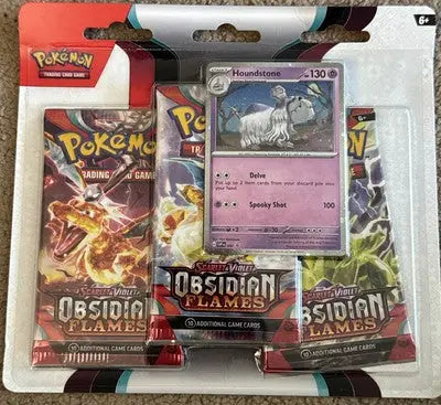 Pokemon SV3 Obsidian Flames booster blister packs with booster blister and Houndstone promo card