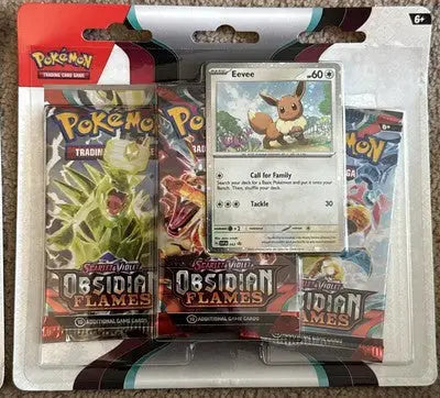 Pokemon SV3 Obsidian Flames booster blister packs with Eevee card and booster packs set