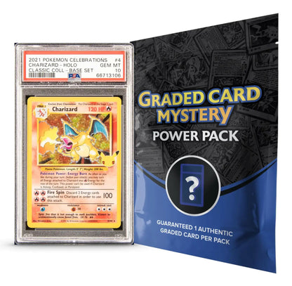 Graded Charizard Pokémon card and mystery booster pack in Pokémon TCG graded mystery collection box