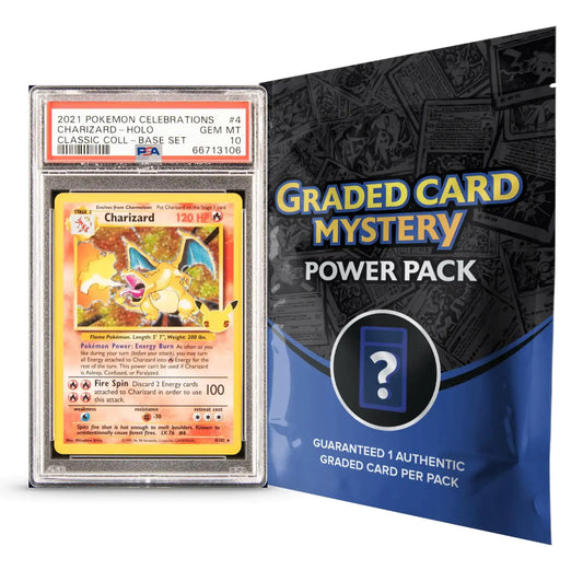 Graded Charizard Pokémon card and mystery booster pack in Pokémon TCG graded mystery collection box