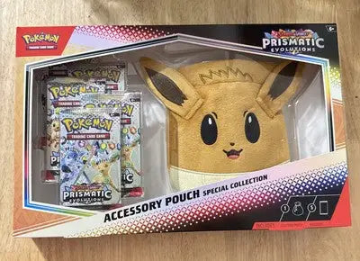 Pokemon TCG Prismatic Evolutions accessory pouch with Eevee plush and trading card packs