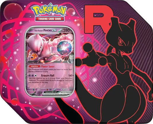 Pokémon TCG Team Rocket’s Mewtwo EX Tin featuring a rare Pokémon card